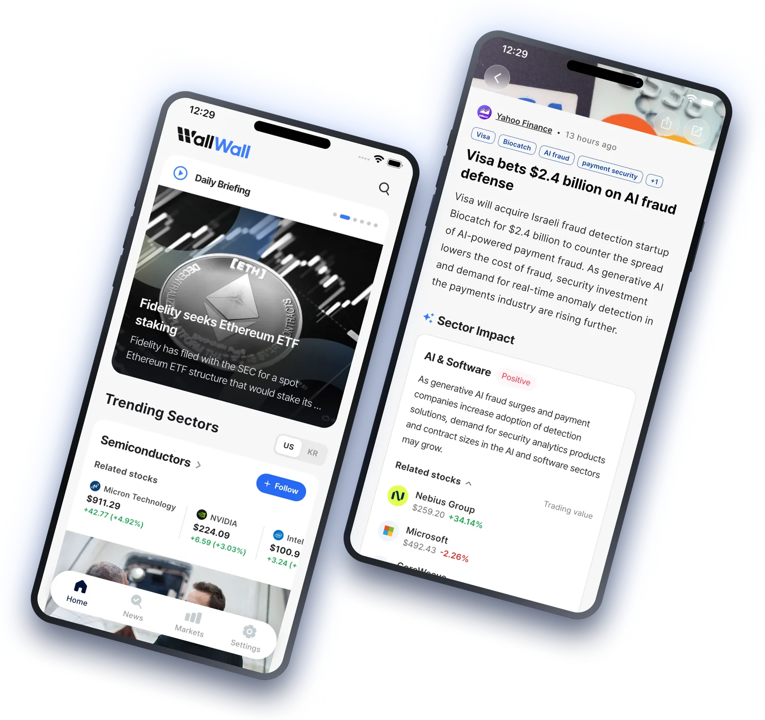 WallWall app showing the daily briefing home screen and a news detail screen with sector impact